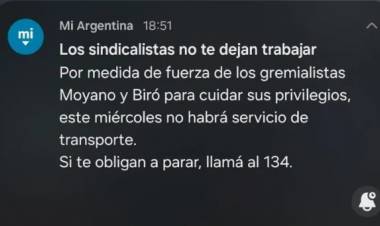 Polémico: el Gobierno envió un mensaje a través de la aplicación Mi Argentina en contra del paro de transporte